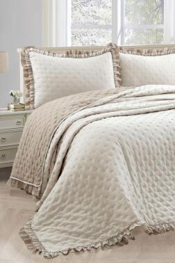 Lamina Fırfırlı Elyaf Dolgulu Tek Kişilik 180x240 Cm Yatak Örtüsü Bej - Çeyiz Diyarı