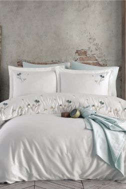 Lapis Nakışlı %100 Pamuk Saten Çift Kişilik Nevresim Takımı Ekru - Çeyiz Diyarı