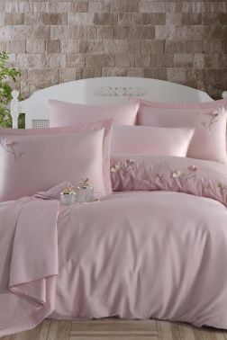 Lapis Nakışlı %100 Pamuk Saten Çift Kişilik Nevresim Takımı Pudra - Çeyiz Diyarı