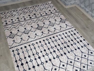 Latex Kaymaz Taban Dijital Baskı Kadife Halı Emma Krem-Siyah 80x150 cm - Çeyiz Diyarı