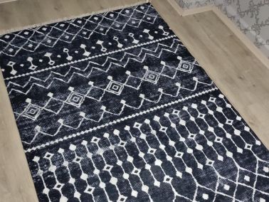 Latex Kaymaz Taban Dijital Baskı Kadife Halı Emma Siyah-Beyaz 80x300 cm - Çeyiz Diyarı