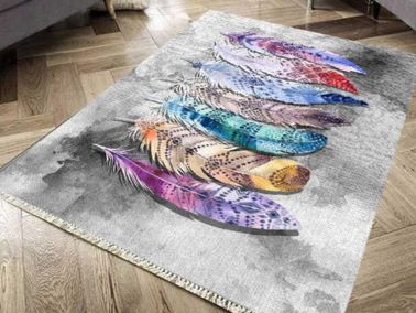 Latex Kaymaz Taban Dijital Baskı Kadife Halı Feather Renkli 100x200 cm - Çeyiz Diyarı