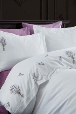 Lavender Nakışlı Pamuk Saten Çift Kişilik Nevresim Takımı - Dantela