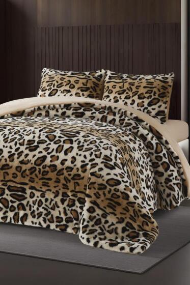 Leopar Tavşan Tüyü Çift Kişilik Yatak Örtüsü 220x240 Cm - Çeyiz Diyarı