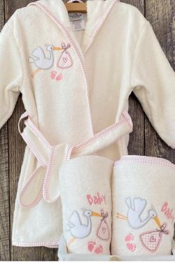 Leylek Bebek Bornoz Seti 0-3 Yaş Pembe - Çeyiz Diyarı