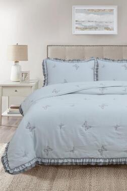 Likya Elyaf Dolgulu Çift Kişilik 240x260 Cm Yatak Örtüsü Gri - Çeyiz Diyarı