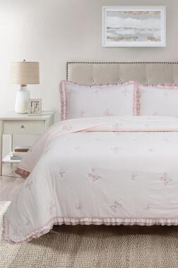 Likya Elyaf Dolgulu Çift Kişilik 240x260 Cm Yatak Örtüsü Pudra - Çeyiz Diyarı