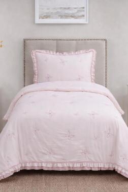 Likya Elyaf Dolgulu Tek Kişilik 180x240 Cm Yatak Örtüsü Pudra - Çeyiz Diyarı