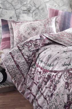 Lina Digital Premium Saten Çift Kişilik Nevresim Takımı Mürdüm - Dantela