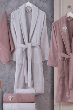 Line %100 Pamuk 6 Parça Aile Bornoz Takımı Gül Kurusu - Açık Gri - Hobby