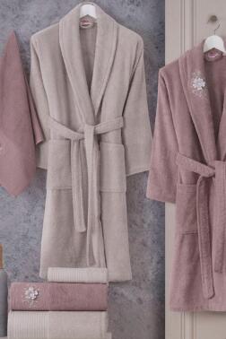 Line %100 Pamuk 6 Parça Aile Bornoz Takımı Gül Kurusu - Koyu Bej - Hobby