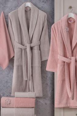Line %100 Pamuk 6 Parça Aile Bornoz Takımı Pembe - Koyu Bej - Hobby