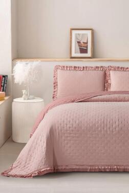 Lisbon Elyaf Dolgulu Çift Kişilik 240x260 Cm Yatak Örtüsü Pudra - Çeyiz Diyarı