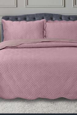 Lydia Çift Kişilik Lüks Kadife Yatak Örtüsü Pudra - Çeyiz Diyarı