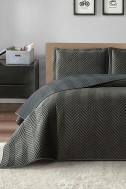 Malta Çift Kişilik Lüks Kadife 240x260 cm Yatak Örtüsü Antrasit - Çeyiz Diyarı