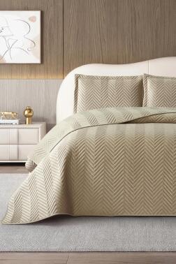 Malta Çift Kişilik Lüks Kadife 240x260 cm Yatak Örtüsü Bej - Çeyiz Diyarı