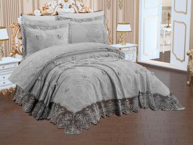 Manavgat 6 Parça Şönil Nakışlı Pike Takımı Gri - Çeyiz Diyarı