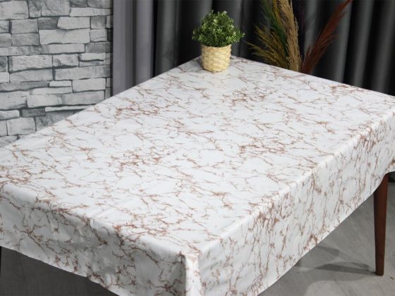 Marbel Silinebilir Dikdörtgen Masa Örtüsü Krem Kahve 140x180cm - Çeyiz Diyarı (1)
