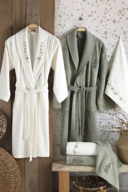 Masal Nakışlı 6 Parça Bambu Bornoz Takımı Krem Haki - Çeyiz Diyarı