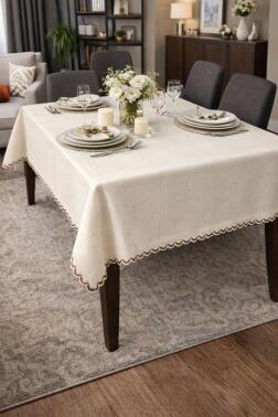 Matmazel Jakarlı 150x200 Cm Dikdörtgen Masa Örtüsü Krem - Çeyiz Diyarı
