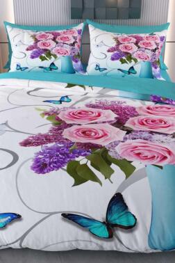 Mavi Vazo Mikro Saten 3D Dijital Baskılı Çift Kişilik Nevresim Takımı - Çeyiz Diyarı