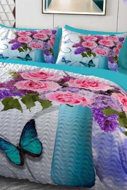 Mavi Vazo Mikro Saten 3D Dijital Baskılı Dört Mevsim Çift Kişilik Nevresim Takımı - Çeyiz Diyarı