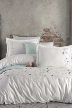 Melita Nakışlı %100 Pamuk Saten Çift Kişilik Nevresim Takımı Ekru - Çeyiz Diyarı