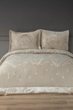 Mercan Elyaf Dolgulu Çift Kişilik 250x255 Cm Yatak Örtüsü Bej - Çeyiz Diyarı