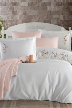 Merida Nakışlı %100 Pamuk Saten Çift Kişilik Nevresim Takımı Ekru - Çeyiz Diyarı