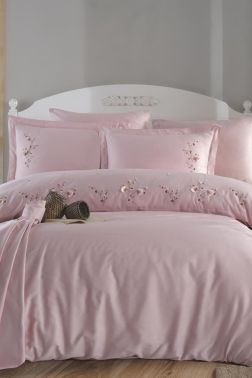 Merida Nakışlı %100 Pamuk Saten Çift Kişilik Nevresim Takımı Pudra - Çeyiz Diyarı