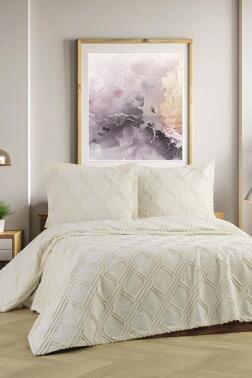 Mila Çift Kişilik Şönil Desenli 240x260 cm Pike Takımı Krem - Çeyiz Diyarı