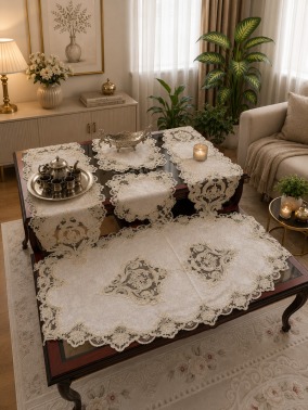 Miray Kadife Salon Takımı 5 Parça Krem Gold