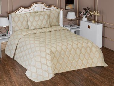 Motto 4 Parça Kadife Şönil İşlemeli Yatak Örtüsü Krem - Çeyiz Diyarı