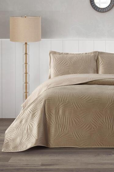 Münih Çift Kişilik Lüks Kadife 240x260 cm Yatak Örtüsü Bej - Çeyiz Diyarı