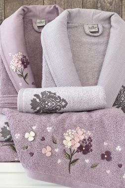 Narissa Nakışlı 6 Parça Bambu Bornoz Takımı Menekşe Gri - Çeyiz Diyarı