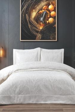 Natural Jakarlı Çift Kişilik Yatak Örtüsü Krem - Çeyiz Diyarı