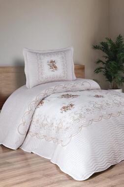 Nerea Baskılı Kapitoneli Tek Kişilik Yatak Örtüsü Açık Kahve - Çeyiz Diyarı