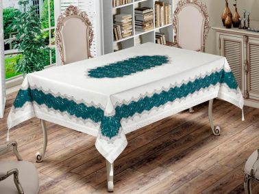 Nilüfer Dikdörtgen Baskılı Masa Örtüsü Krem Petrol - Çeyiz Diyarı