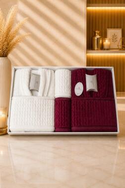 Nuvia 8 Parça Aile Bornoz Takımı Krem - Bordo - Çeyiz Diyarı