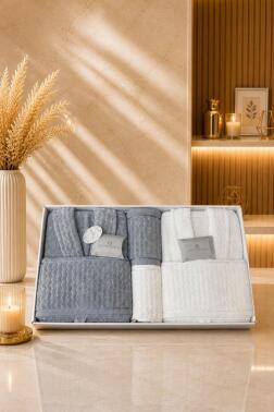 Nuvia 8 Parça Aile Bornoz Takımı Krem - Gri - Çeyiz Diyarı