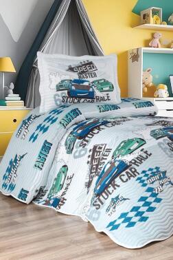 Oto Show Baskılı Kapitoneli Tek Kişilik Yatak Örtüsü Mavi - Çeyiz Diyarı