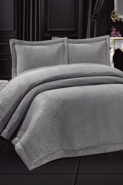 Öykü Dolgulu Kadife Çift Kişilik Yatak Örtüsü Gri - Çeyiz Diyarı