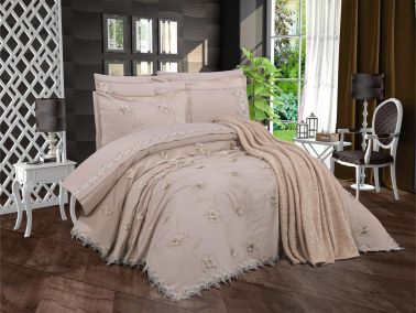 Pamukkale Şönil Nakışlı 10 Parça Gelin Seti Bej - Çeyiz Diyarı