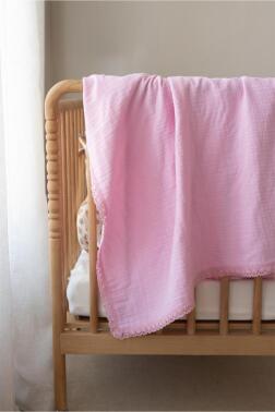 Pamuklu Kenarı Fistolu Bebek Battaniyesi 80x100 Cm Pembe - Çeyiz Diyarı