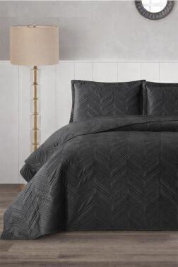 Paris Çift Kişilik Lüks Kadife 240x260 cm Yatak Örtüsü Antrasit - Çeyiz Diyarı
