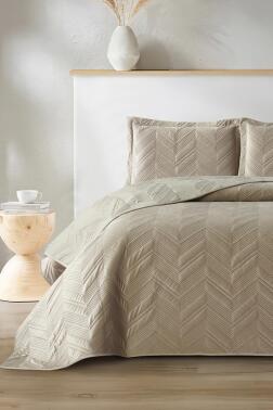 Paris Çift Kişilik Lüks Kadife 240x260 cm Yatak Örtüsü Bej - Çeyiz Diyarı