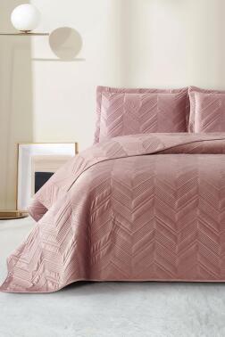 Paris Çift Kişilik Lüks Kadife 240x260 cm Yatak Örtüsü Gül Kurusu - Çeyiz Diyarı