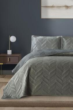 Paris Çift Kişilik Lüks Kadife 240x260 cm Yatak Örtüsü Koyu Yeşil - Çeyiz Diyarı