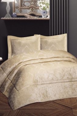 Parla Kadife Çift Kişilik Yatak Örtüsü Bej - Çeyiz Diyarı