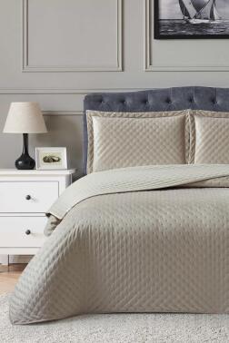 Parma Çift Kişilik Lüks Kadife 240x260 cm Yatak Örtüsü Bej - Çeyiz Diyarı